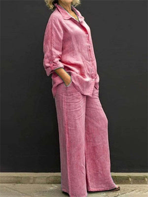 Women's 2Pcs Casual Holiday Style Solid Color Long Sleeve Shirt & Pant Set