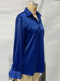 Women's Elegant Blue Solid Color V Neck Pullover Lapel Long Sleeve Blouses