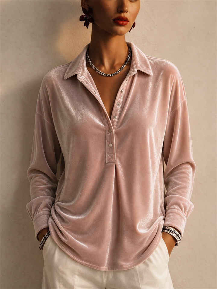 Womens Velvet Collared Long Sleeve Relaxed Blouse