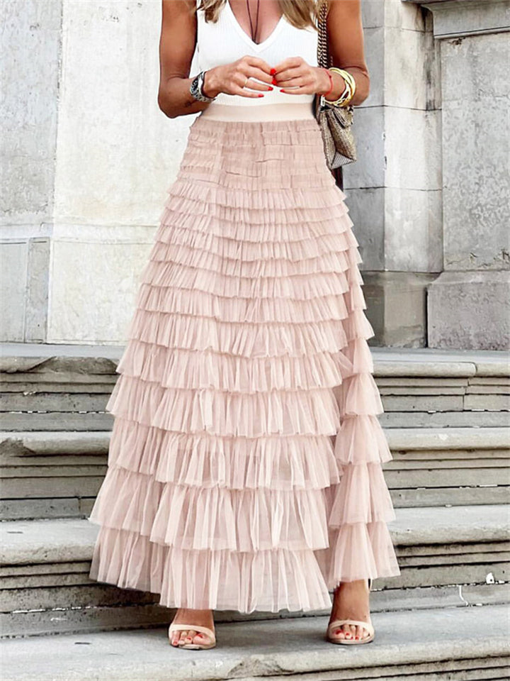 Women's Sweet Layered Pleated Long Cake Skirt