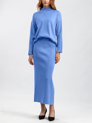 Elegant Crew Neck Knitted Sweater + Side Slit Skirt