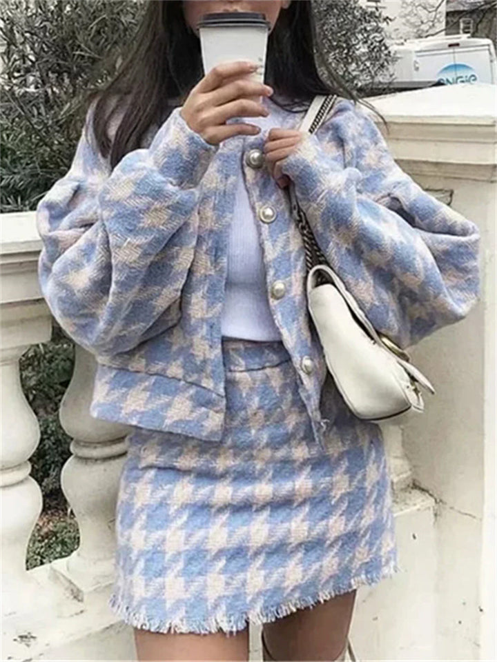 Women's 2Pcs Trendy Houndstooth Pattern Single Breasted Top & Mini Skirt Set