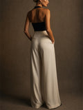 Women Elegant High Waist Wide Leg Pleated Palazzo Trousers