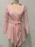 Women's Solid Color V Neck Asymmetric Hem Tie-waist Blouses