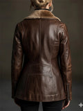 Women's Vintage Faux Leather Thermal Lined Mid-Length Coat With Fluffy Collar
