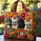 Quilted French Bulldogs Print Floral Tote Bag