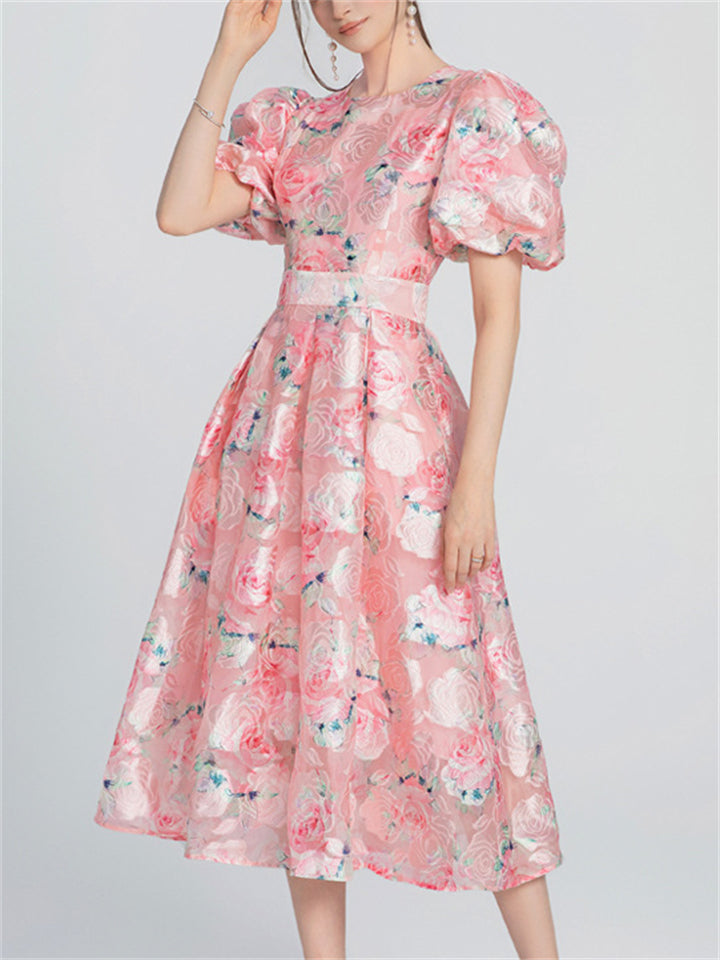 French Style Elegant Pink O-Neck Floral Jacquard Midi Dress For Women