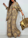 Women's Gold Floral Print Button Up Loose Fit Top and Wide Leg Pants Set‌