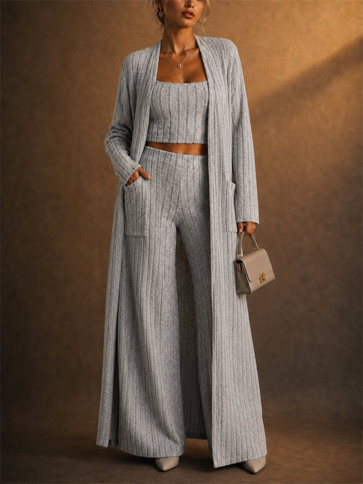 Women 3 Piece Lounge Set Ribbed Cardigan Crop Top Wide Pants