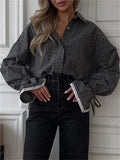Women's Gray Polka Dot Ruffled Sleeve Blouses with Lace Cuffs