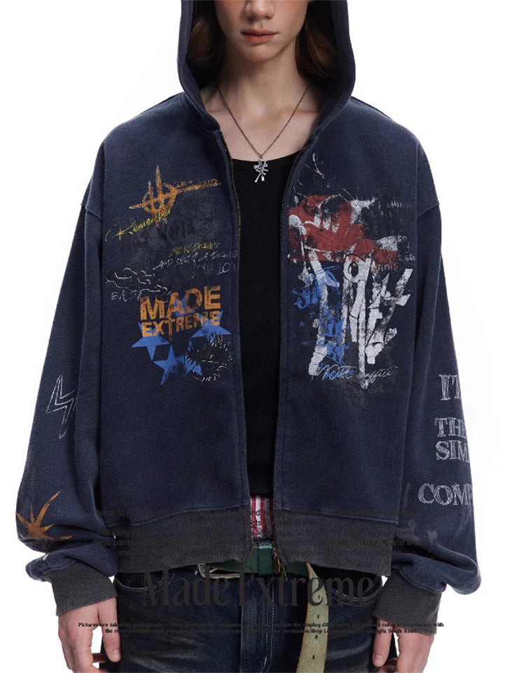Unisex Street Hip Hop Loose Printed Zip Up Hooded Sweatshirts