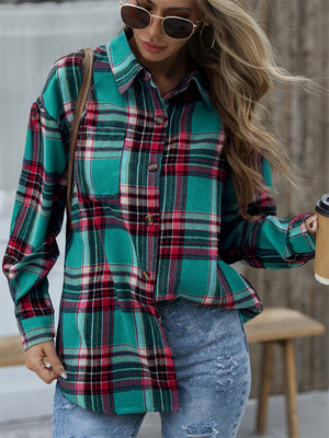 Women's Retro Contrast Color Green Plaid Lapel Long Sleeve Shirt