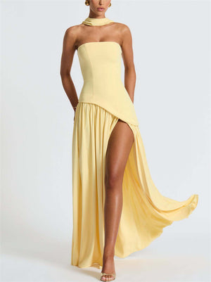 Women's Trendy Solid Color Strapless High Split Evening Dress