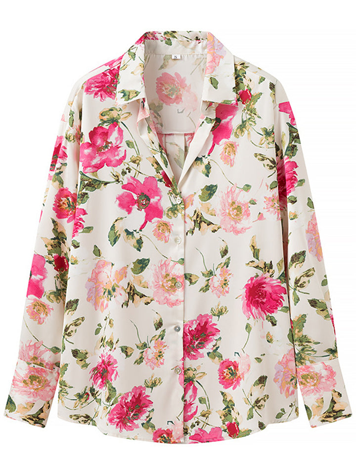 Women's Floral Print Lapel Holiday Style Long Sleeve Blouses