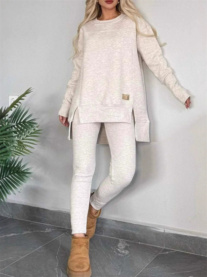 Women's Simple Casual Solid Color Round Neck  Asymmetric Hem Sweatshirts & Sweatpants Outfit