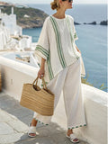 Women's 2pcs Summer Contrast Color Stripe Short Sleeve Top & Pants Set