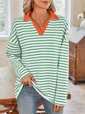 Women's Stripe Contrast Color V Neck Long Sleeve Shirts