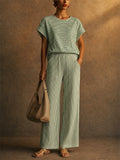 Womens Striped 2 Piece Matching Short Sleeve Wide Leg Pants Set