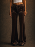 Women Velvet High Waist Y2K Drawstring Wide Leg Flared Pants