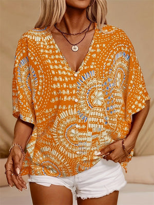 Plus Size Women's Summer Boho Style Print V Neck Short Sleeve Shirt