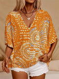 Plus Size Women's Summer Boho Style Print V Neck Short Sleeve Shirt