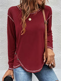 Women's Contrast Trim Round Neck Long Sleeve Asymmetric Hem Shirts