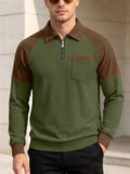 Men Waffle Knit Polo Shirt Zip Up Color Block Long Sleeve Top