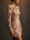 Women 3D Floral Embroidered Long Sleeve Mesh Mini Dress