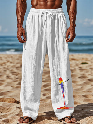 Mens' Parrot Print Elastic Waist Drawstring Wide Leg Pants