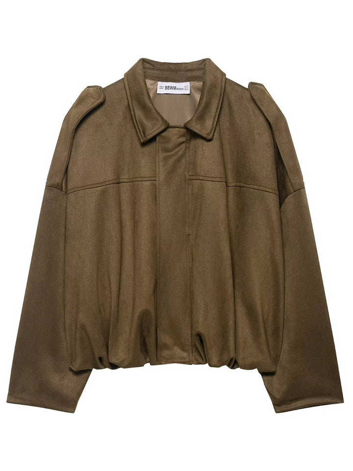 ‌Women's Faux Suede Short Loose Fit Stand Collar Jacket‌s