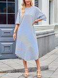 Women's Contrast Color Stripe Round Neck Midi Dress