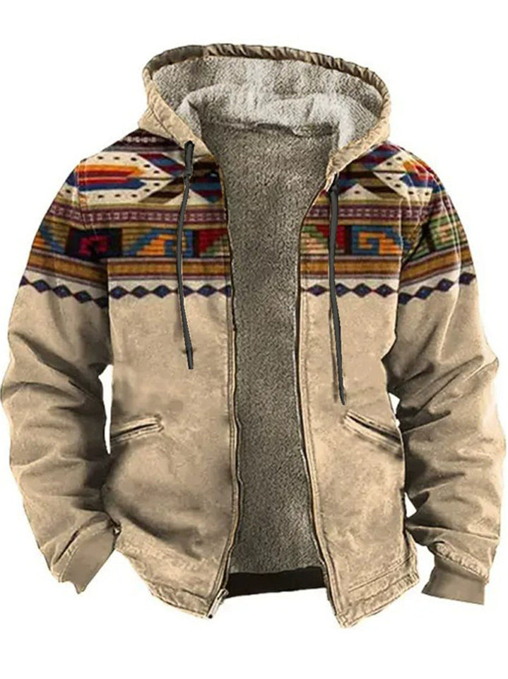 ‌Men's Fleece Lined Zip Up Hooded Coat with Ethnic Style Print
