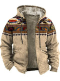 ‌Men's Fleece Lined Zip Up Hooded Coat with Ethnic Style Print