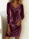 Autumn Women's Velvet Long Sleeve Cowl Neck Shift Dress