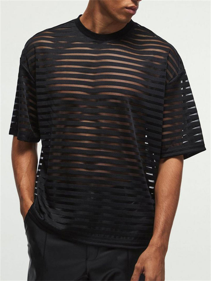 Men's Summer Sexy Black Semi Transparent Stripe Short Sleeve Shirts