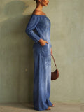 Women Off Shoulder Button Up Wide Leg 3/4 Sleeve Jumpsuit