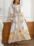 Women's Yellow Printed Beads Round Neck Muslim Robe Dress