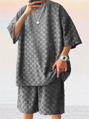 Loose Sporty Short Sleeve Jacquard Plaid Outfits for Men