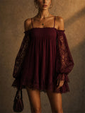 Women Sexy Lace Off Shoulder Puff Sleeve Mini Dress