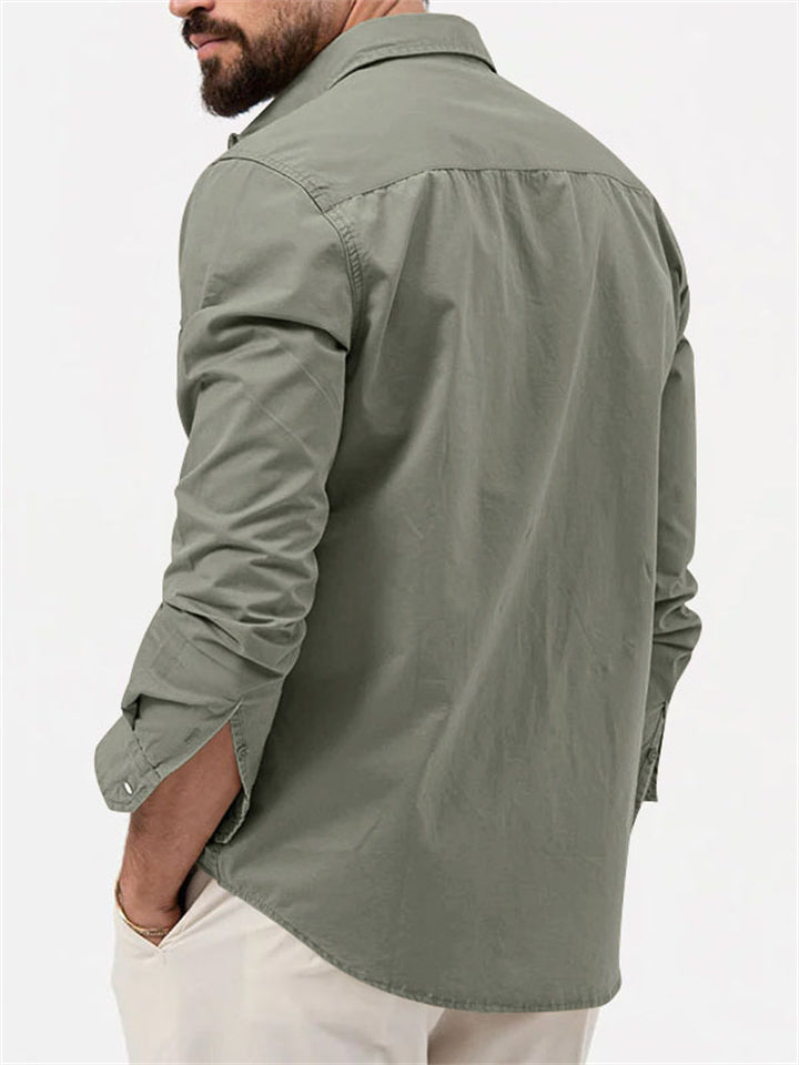 Autumn Long Sleeve Lapel Collar Chest Pocket Male Shirt