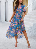 V-Neck Floral Print Holiday Maxi Dresses for Ladies