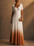 Women Ombre Pleated Sweetheart Neck Short Sleeve Maxi Gown Dress