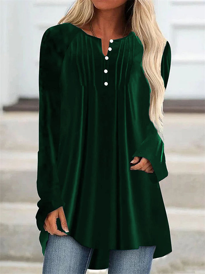 Female V-neck Button Decor Asymmetrical Hem Pleated Velvet T-shirt