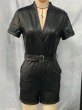 Women's All Black Solid Color V Neck Short Sleeve Jumpsuits with Belt