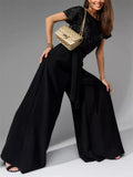 Fashion Sequin Short Sleeve Shirt Wide Leg Jumpsuit for Women
