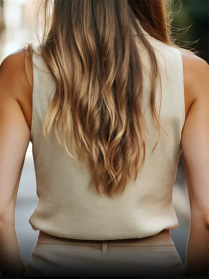 Ladies' Elegant Khaki Solid Color Button Up Lapel Sleeveless Blouses