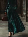 ‌Autumn Green Velvet Round Neck High Waist Long Dress for Women