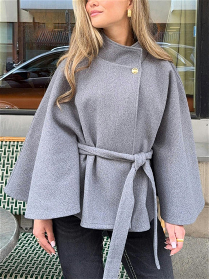 Women's Solid Color Stand Collar Tie-waist BatWing Sleeve Coats