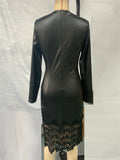 Women's Sexy Faux Leather Black Lace Patchwork Deep V Neck Dress