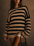 Women Contrast Color Striped Oversized Chunky Crochet Knit Sweaters